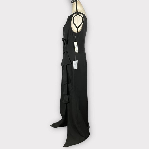 Eliza J Ruffle Front Gown Women's 4 Black Sleeveless Maxi Slit Bateau Neck NWOT - Picture 4 of 11